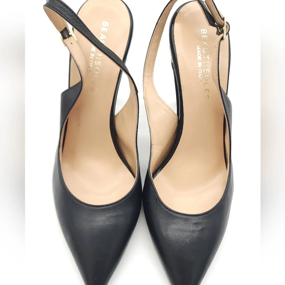 $295 Beautiisoles Michelle Black Leather Pointed Toe Slingback Pumps Size 9
